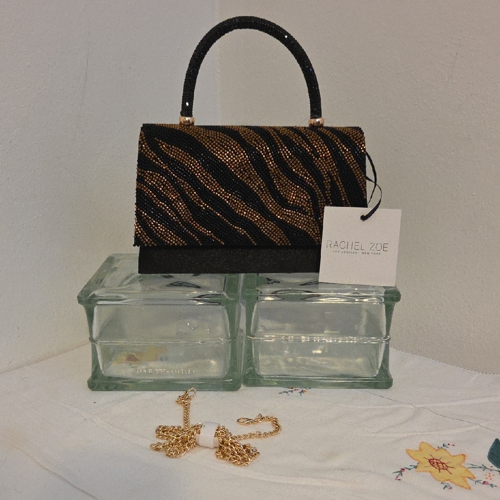 NWT Rachel Zoe Black and Gold Tiger Striped Beaded Clutch